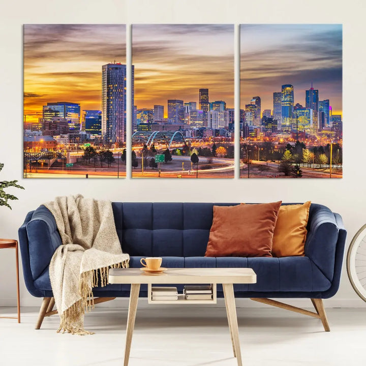 The "Denver City Lights Sunset Orange Cloudy Skyline Cityscape View Wall Art Canvas Print" triptych is displayed on gallery-wrapped, museum-quality canvases.