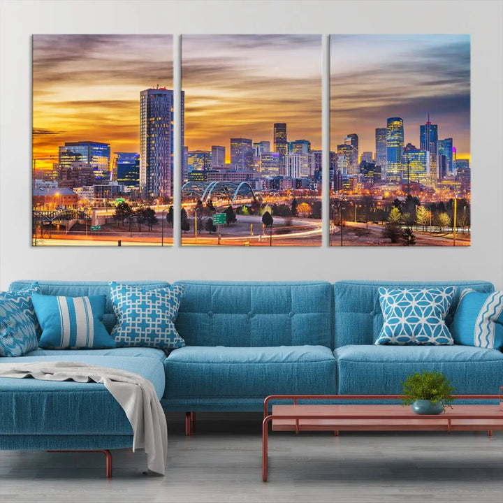 The "Denver City Lights Sunset Orange Cloudy Skyline Cityscape View Wall Art Canvas Print" triptych is displayed on gallery-wrapped, museum-quality canvases.