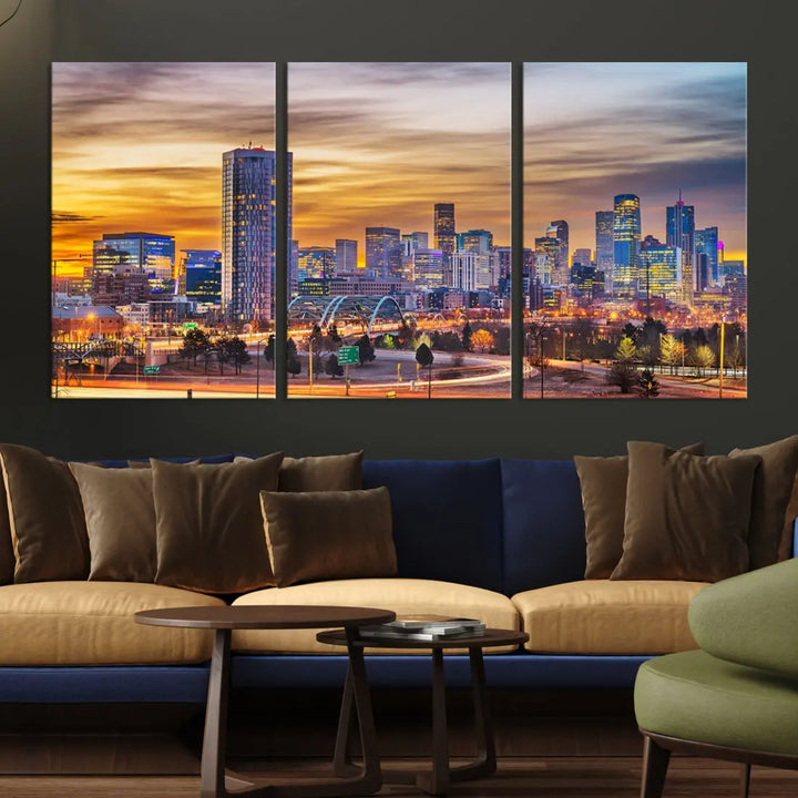 The "Denver City Lights Sunset Orange Cloudy Skyline Cityscape View Wall Art Canvas Print" triptych is displayed on gallery-wrapped, museum-quality canvases.