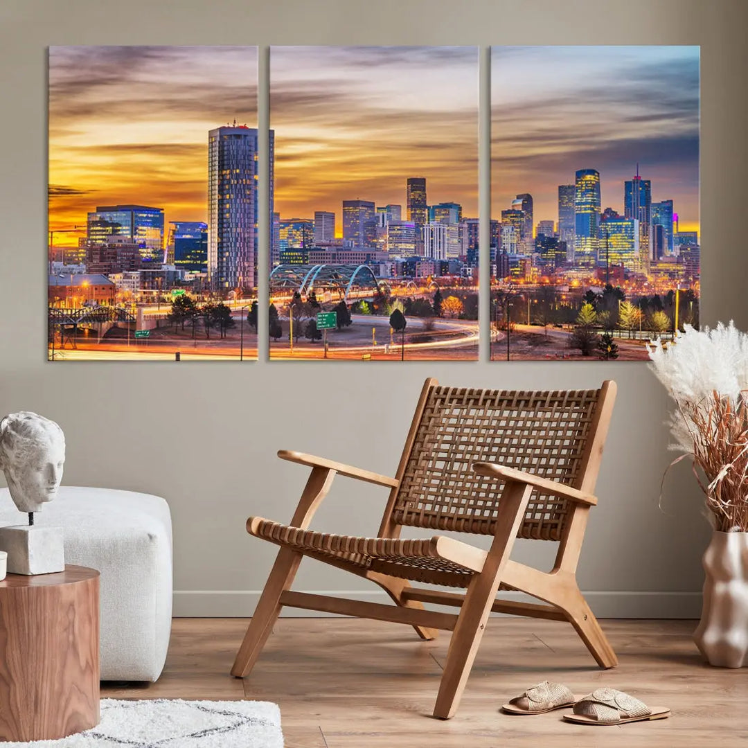 The "Denver City Lights Sunset Orange Cloudy Skyline Cityscape View Wall Art Canvas Print" triptych is displayed on gallery-wrapped, museum-quality canvases.