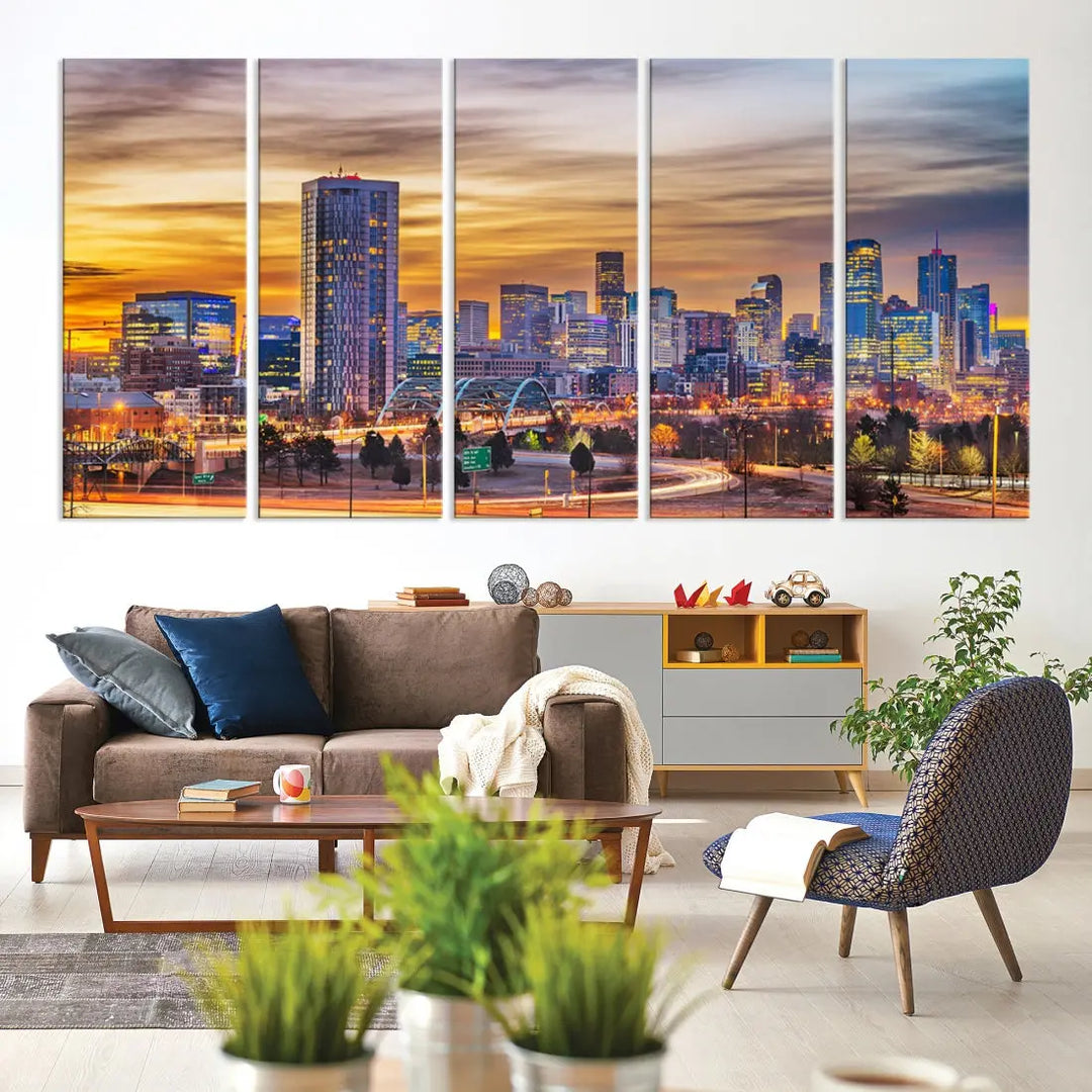 The "Denver City Lights Sunset Orange Cloudy Skyline Cityscape View Wall Art Canvas Print" triptych is displayed on gallery-wrapped, museum-quality canvases.