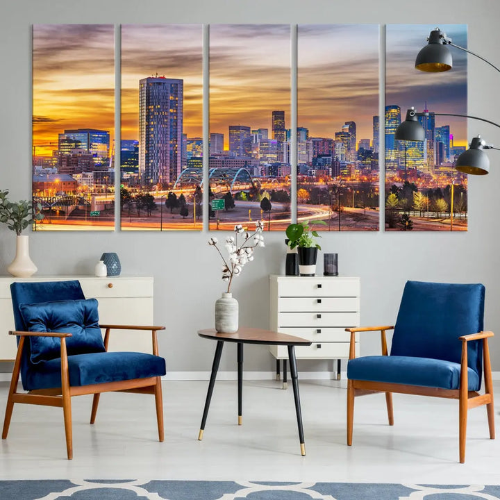 The "Denver City Lights Sunset Orange Cloudy Skyline Cityscape View Wall Art Canvas Print" triptych is displayed on gallery-wrapped, museum-quality canvases.