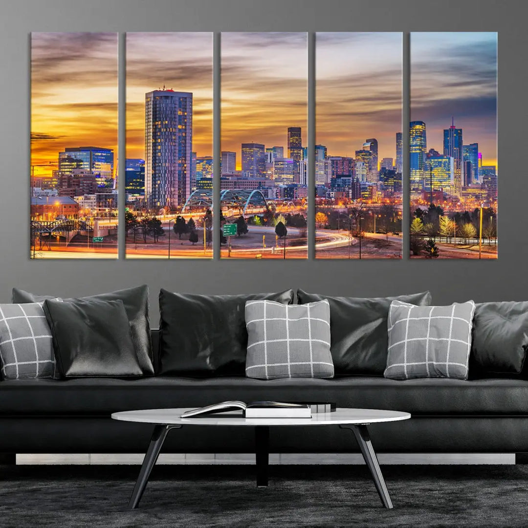 The "Denver City Lights Sunset Orange Cloudy Skyline Cityscape View Wall Art Canvas Print" triptych is displayed on gallery-wrapped, museum-quality canvases.