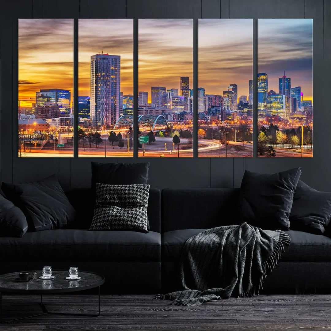 The "Denver City Lights Sunset Orange Cloudy Skyline Cityscape View Wall Art Canvas Print" triptych is displayed on gallery-wrapped, museum-quality canvases.