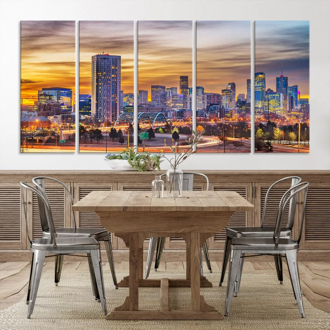 The "Denver City Lights Sunset Orange Cloudy Skyline Cityscape View Wall Art Canvas Print" triptych is displayed on gallery-wrapped, museum-quality canvases.