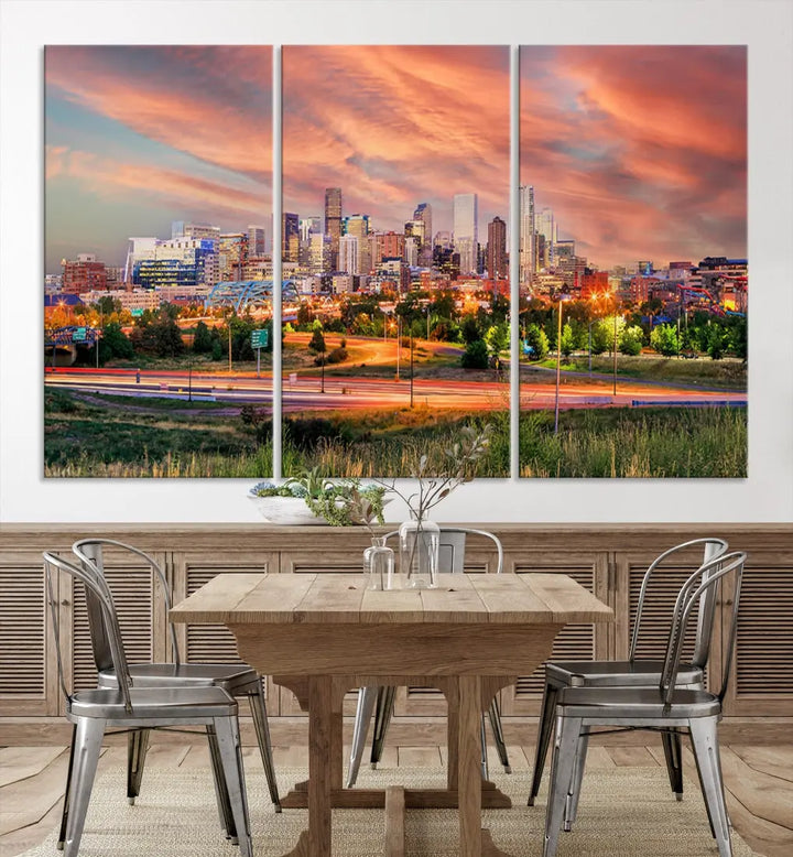 The modern living room showcases the "Denver City Lights Sunset Orange Cloudy Skyline Cityscape View Wall Art Canvas Print," a triptych of museum-quality canvases depicting a city skyline at sunset. This ready-to-hang artwork boasts a UV-protective coating to ensure lasting vibrancy.