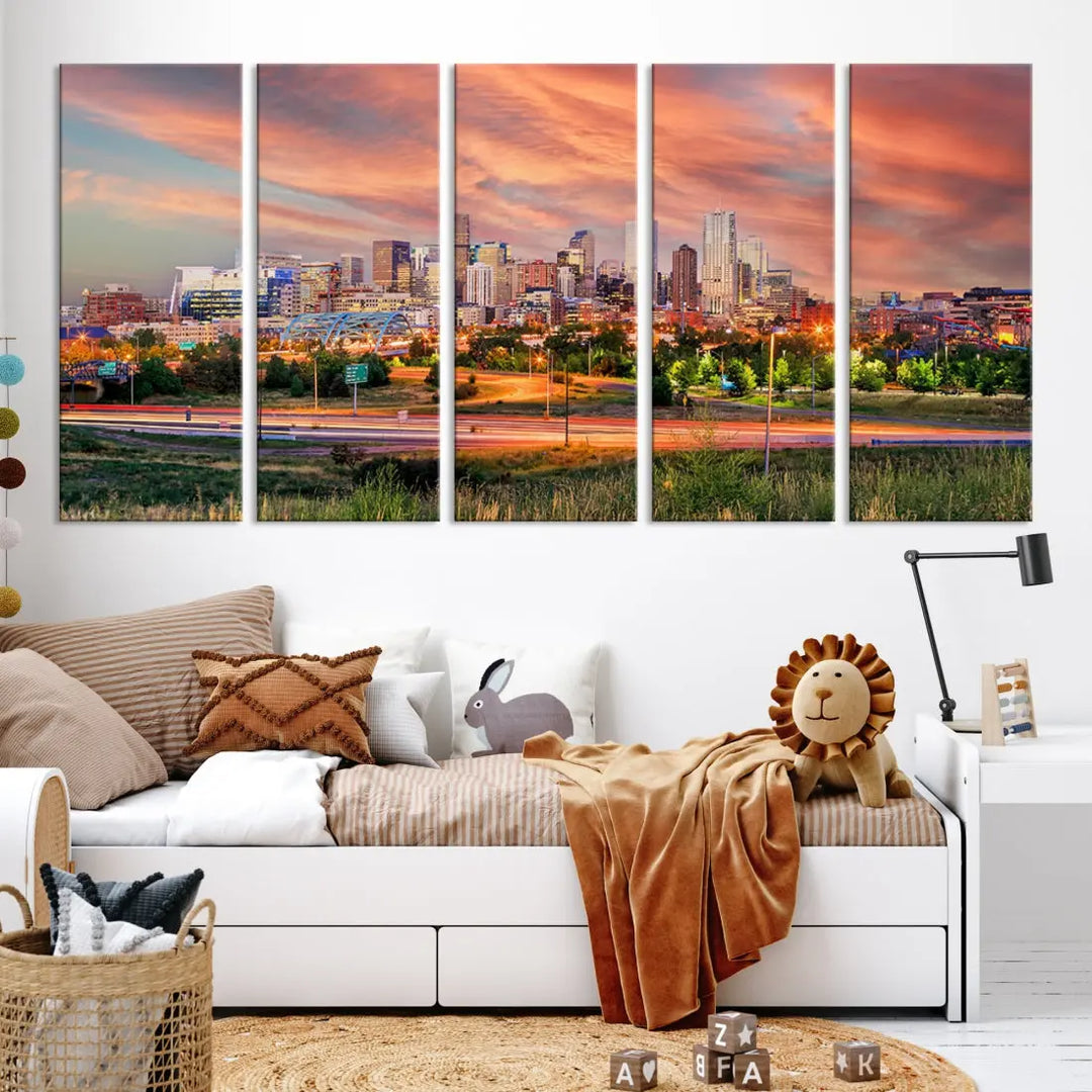 The modern living room showcases the "Denver City Lights Sunset Orange Cloudy Skyline Cityscape View Wall Art Canvas Print," a triptych of museum-quality canvases depicting a city skyline at sunset. This ready-to-hang artwork boasts a UV-protective coating to ensure lasting vibrancy.