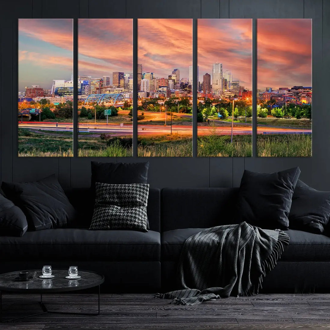 The modern living room showcases the "Denver City Lights Sunset Orange Cloudy Skyline Cityscape View Wall Art Canvas Print," a triptych of museum-quality canvases depicting a city skyline at sunset. This ready-to-hang artwork boasts a UV-protective coating to ensure lasting vibrancy.