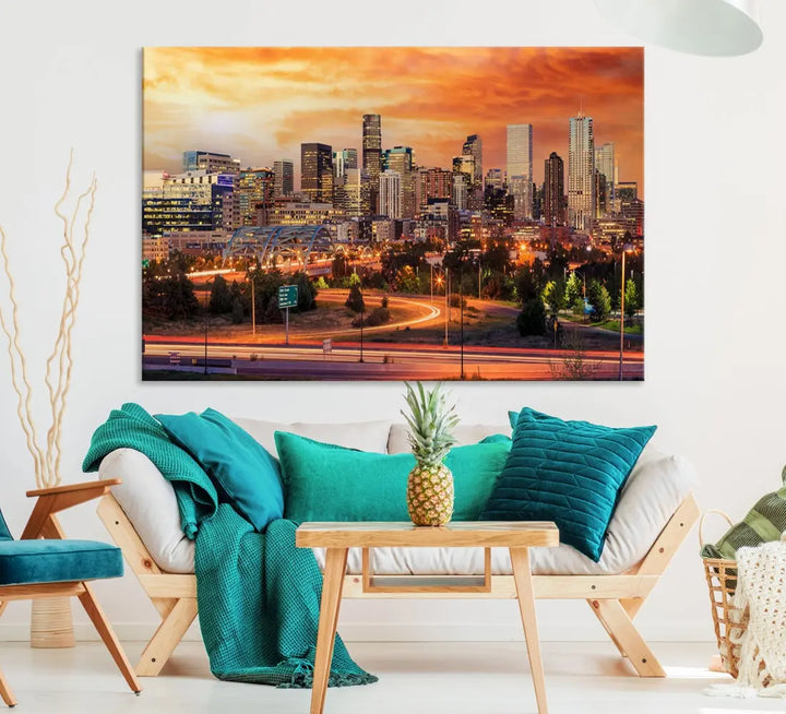 The Denver City Lights Sunset Orange Skyline Cityscape View Wall Art Canvas Print features a vibrant city skyline at sunset with orange and yellow skies. Crafted on museum-quality canvas with a UV-protective coating, it showcases the artistry of a professional craftsman.