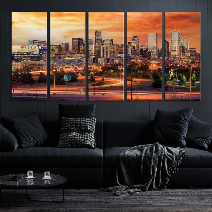 The Denver City Lights Sunset Orange Skyline Cityscape View Wall Art Canvas Print features a vibrant city skyline at sunset with orange and yellow skies. Crafted on museum-quality canvas with a UV-protective coating, it showcases the artistry of a professional craftsman.