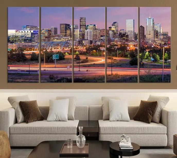 Denver City Lights Sunset Purple Skyline Cityscape View Wall Art Canvas Print 