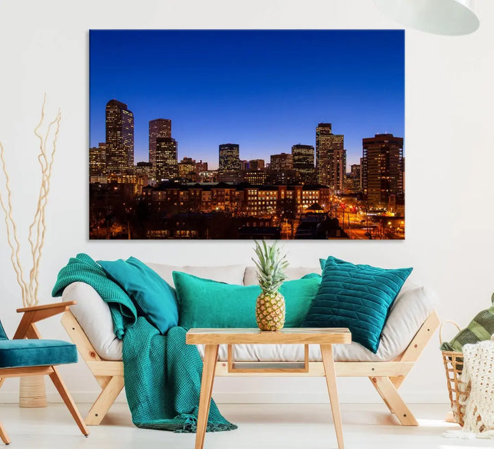 The "Denver City Night Blue Skyline Cityscape View" wall art is printed on museum-quality canvas with a UV-protective coating for lasting vibrancy.