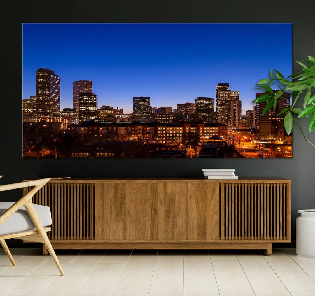 The "Denver City Night Blue Skyline Cityscape View" wall art is printed on museum-quality canvas with a UV-protective coating for lasting vibrancy.