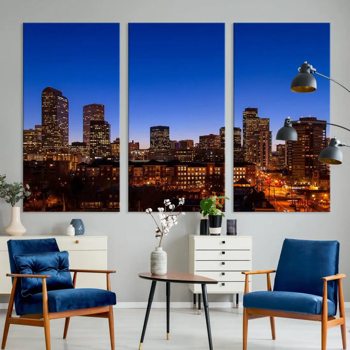 The "Denver City Night Blue Skyline Cityscape View" wall art is printed on museum-quality canvas with a UV-protective coating for lasting vibrancy.