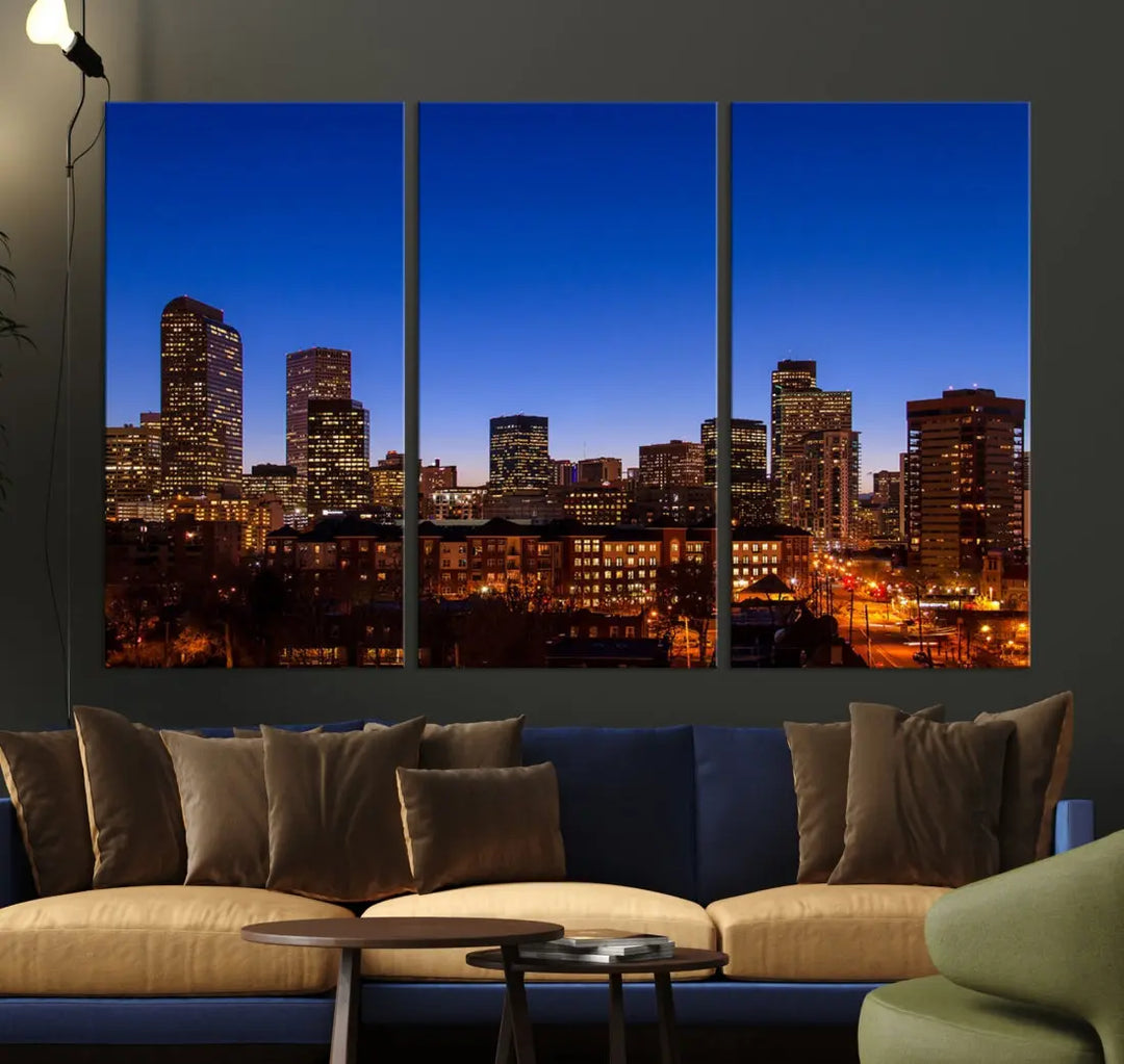 The "Denver City Night Blue Skyline Cityscape View" wall art is printed on museum-quality canvas with a UV-protective coating for lasting vibrancy.