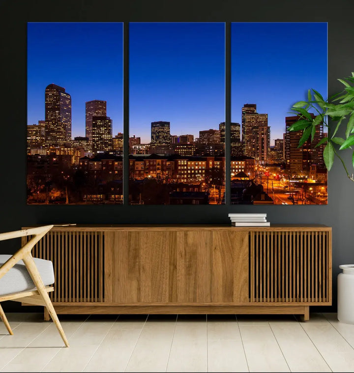 The "Denver City Night Blue Skyline Cityscape View" wall art is printed on museum-quality canvas with a UV-protective coating for lasting vibrancy.