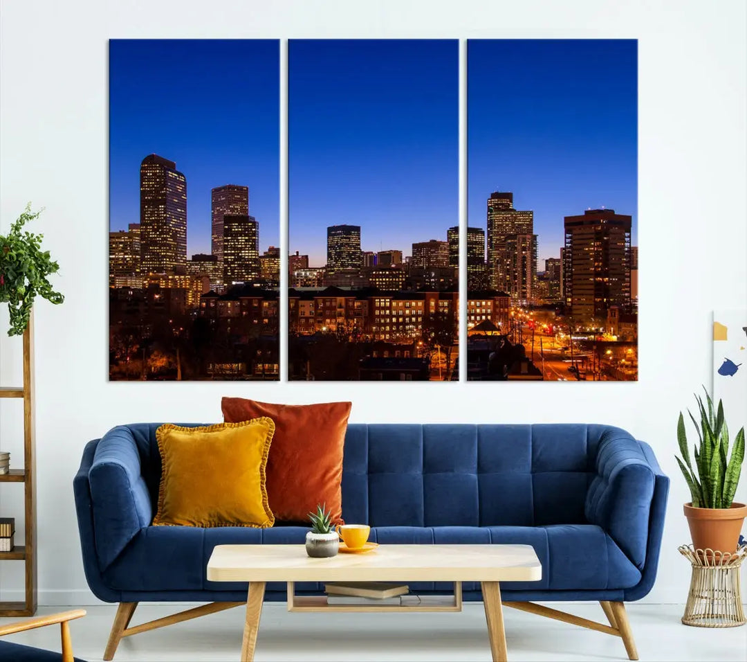 The "Denver City Night Blue Skyline Cityscape View" wall art is printed on museum-quality canvas with a UV-protective coating for lasting vibrancy.