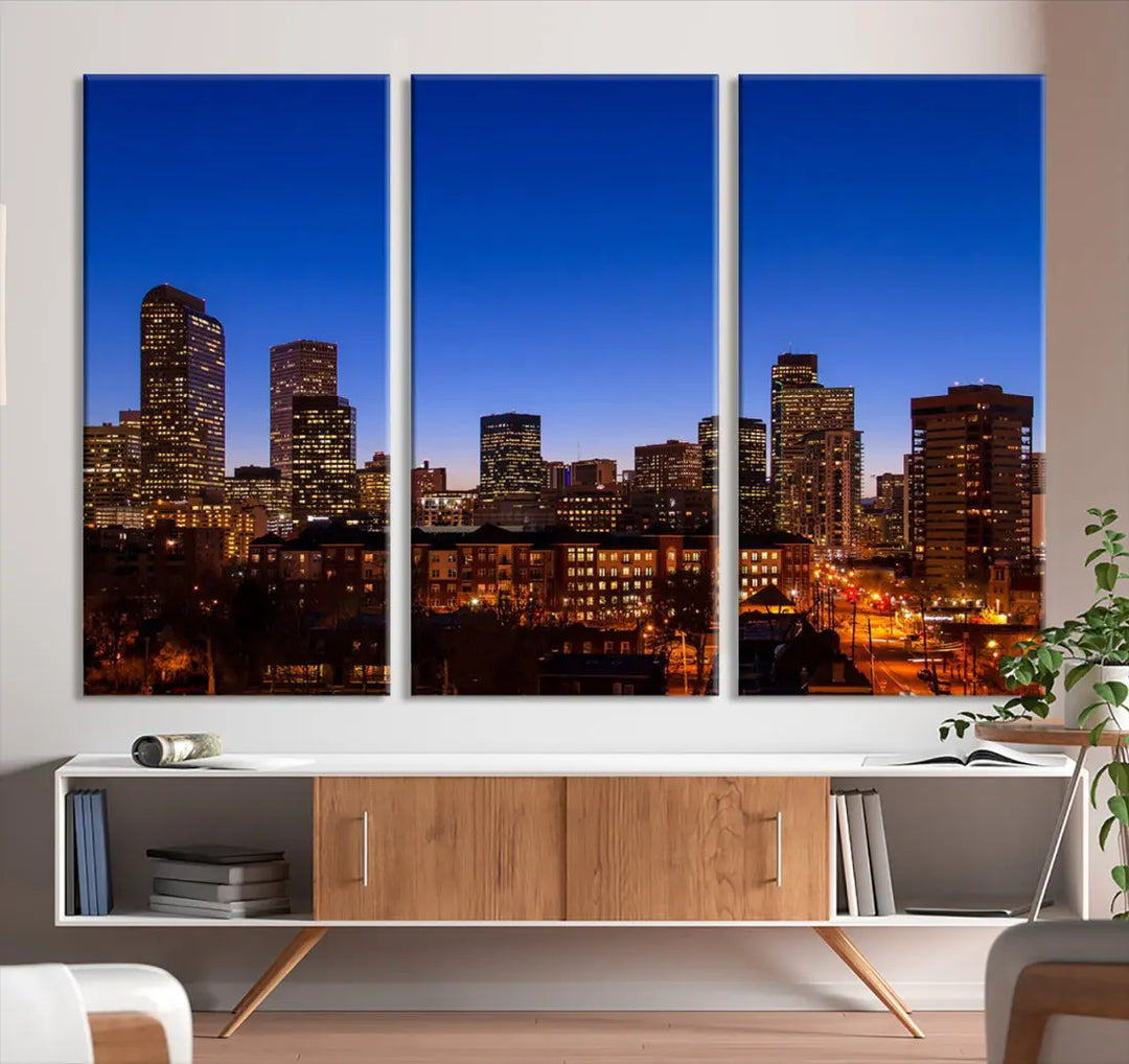 The "Denver City Night Blue Skyline Cityscape View" wall art is printed on museum-quality canvas with a UV-protective coating for lasting vibrancy.