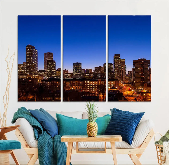 The "Denver City Night Blue Skyline Cityscape View" wall art is printed on museum-quality canvas with a UV-protective coating for lasting vibrancy.