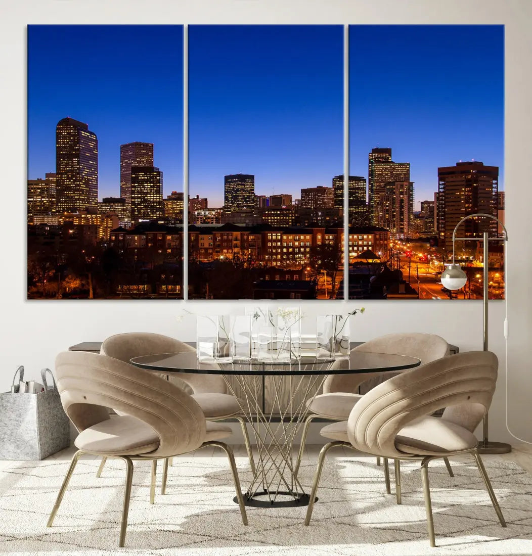 The "Denver City Night Blue Skyline Cityscape View" wall art is printed on museum-quality canvas with a UV-protective coating for lasting vibrancy.