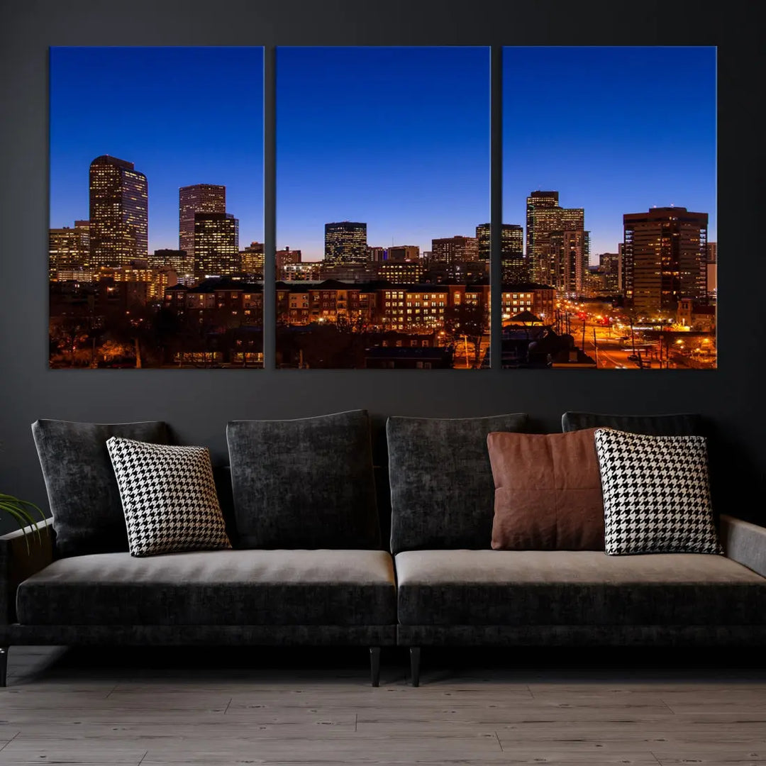 The "Denver City Night Blue Skyline Cityscape View" wall art is printed on museum-quality canvas with a UV-protective coating for lasting vibrancy.