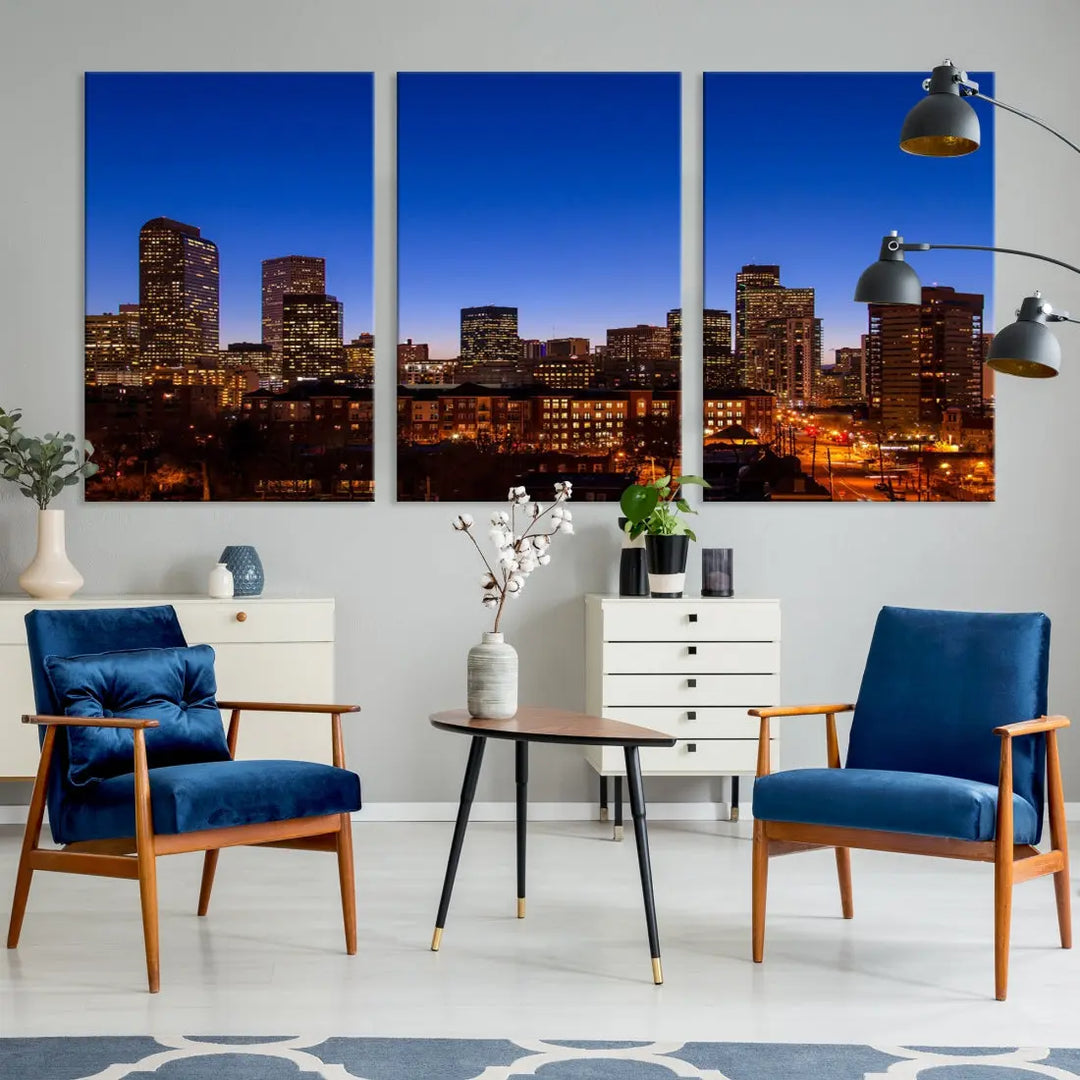 The "Denver City Night Blue Skyline Cityscape View" wall art is printed on museum-quality canvas with a UV-protective coating for lasting vibrancy.