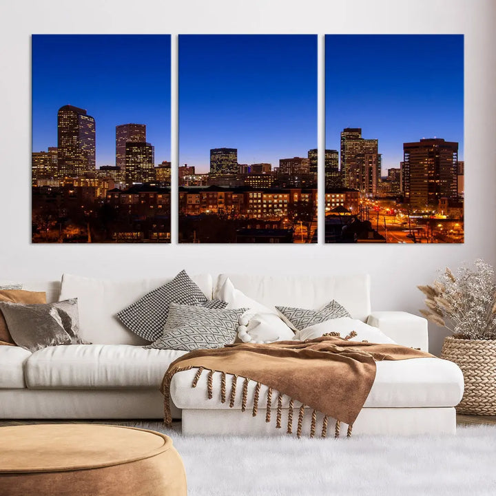 The "Denver City Night Blue Skyline Cityscape View" wall art is printed on museum-quality canvas with a UV-protective coating for lasting vibrancy.