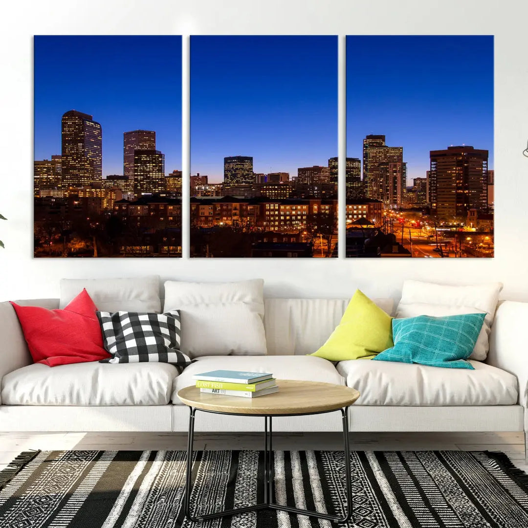 The "Denver City Night Blue Skyline Cityscape View" wall art is printed on museum-quality canvas with a UV-protective coating for lasting vibrancy.