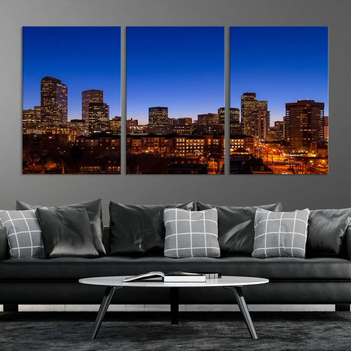 The "Denver City Night Blue Skyline Cityscape View" wall art is printed on museum-quality canvas with a UV-protective coating for lasting vibrancy.