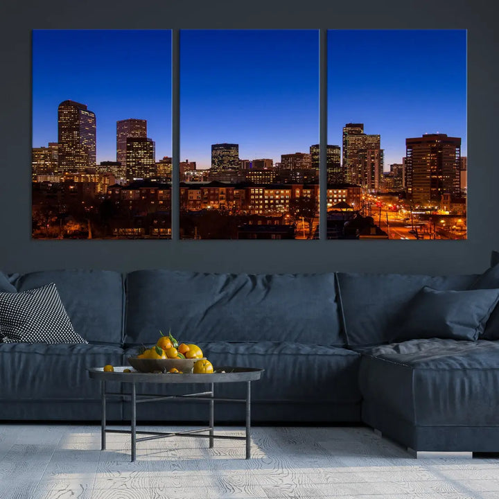 The "Denver City Night Blue Skyline Cityscape View" wall art is printed on museum-quality canvas with a UV-protective coating for lasting vibrancy.