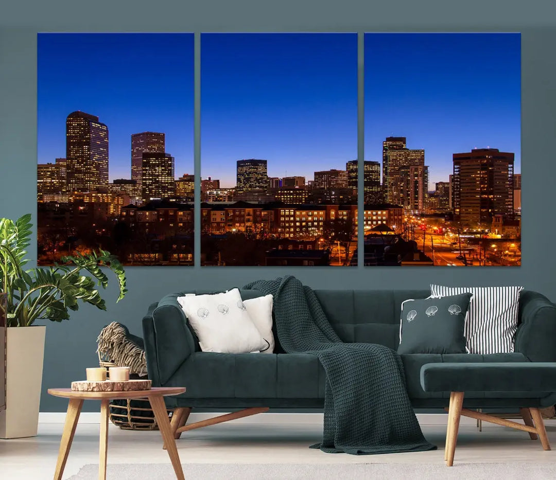 The "Denver City Night Blue Skyline Cityscape View" wall art is printed on museum-quality canvas with a UV-protective coating for lasting vibrancy.