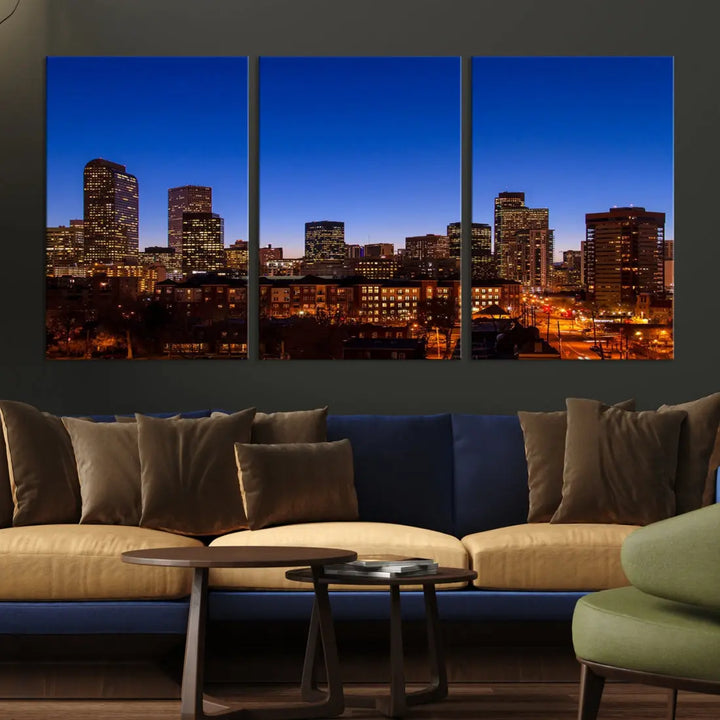 The "Denver City Night Blue Skyline Cityscape View" wall art is printed on museum-quality canvas with a UV-protective coating for lasting vibrancy.