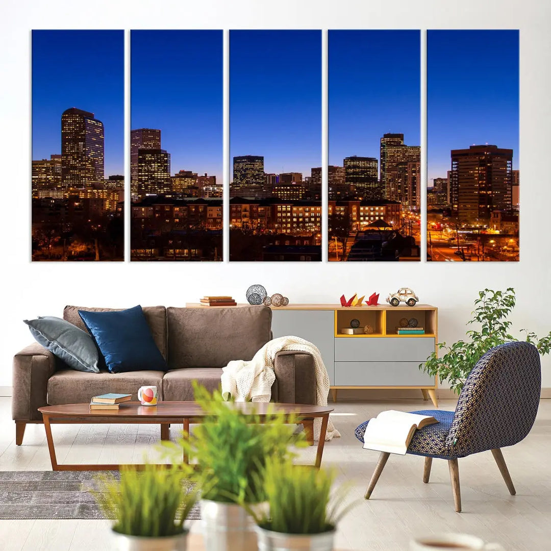 The "Denver City Night Blue Skyline Cityscape View" wall art is printed on museum-quality canvas with a UV-protective coating for lasting vibrancy.