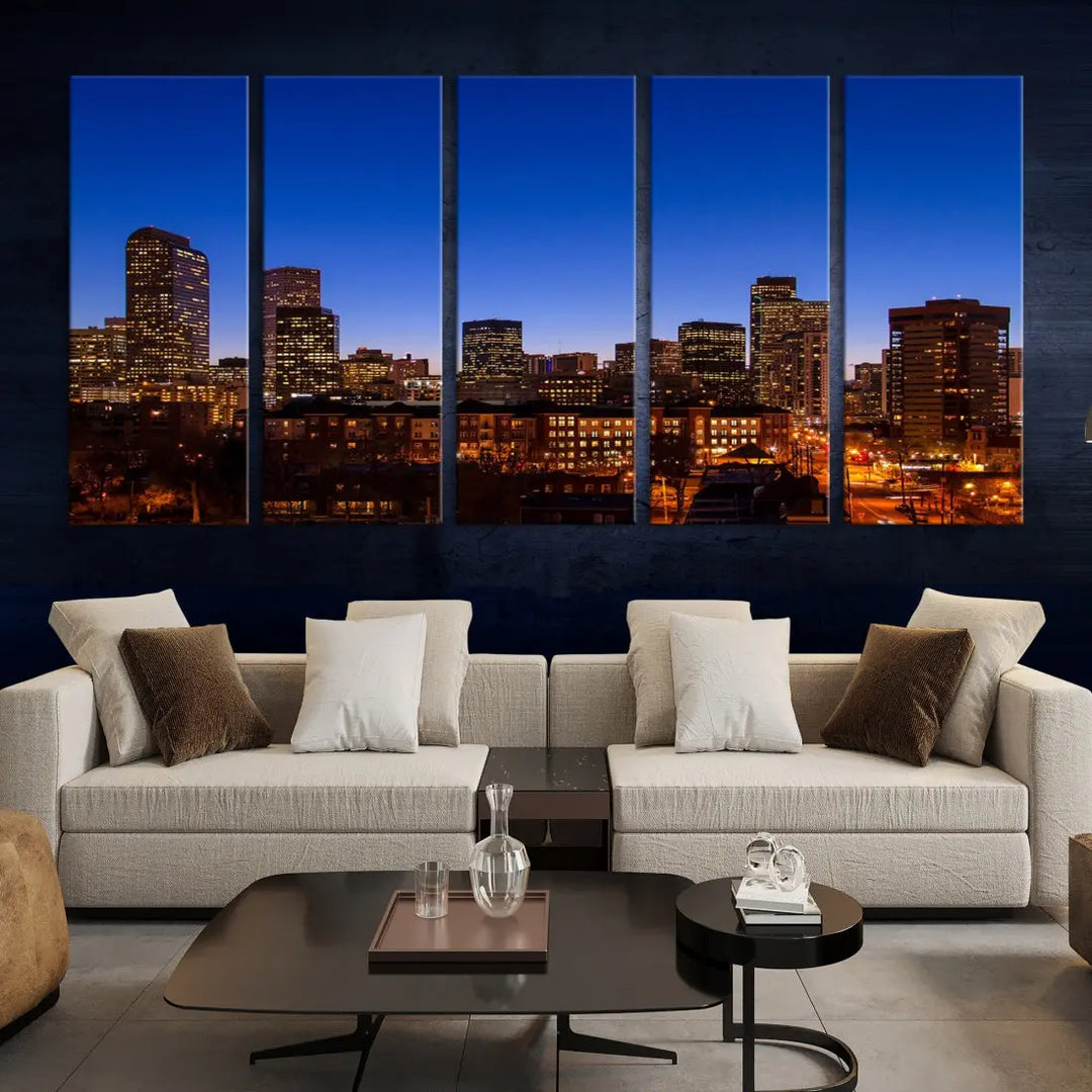 The "Denver City Night Blue Skyline Cityscape View" wall art is printed on museum-quality canvas with a UV-protective coating for lasting vibrancy.