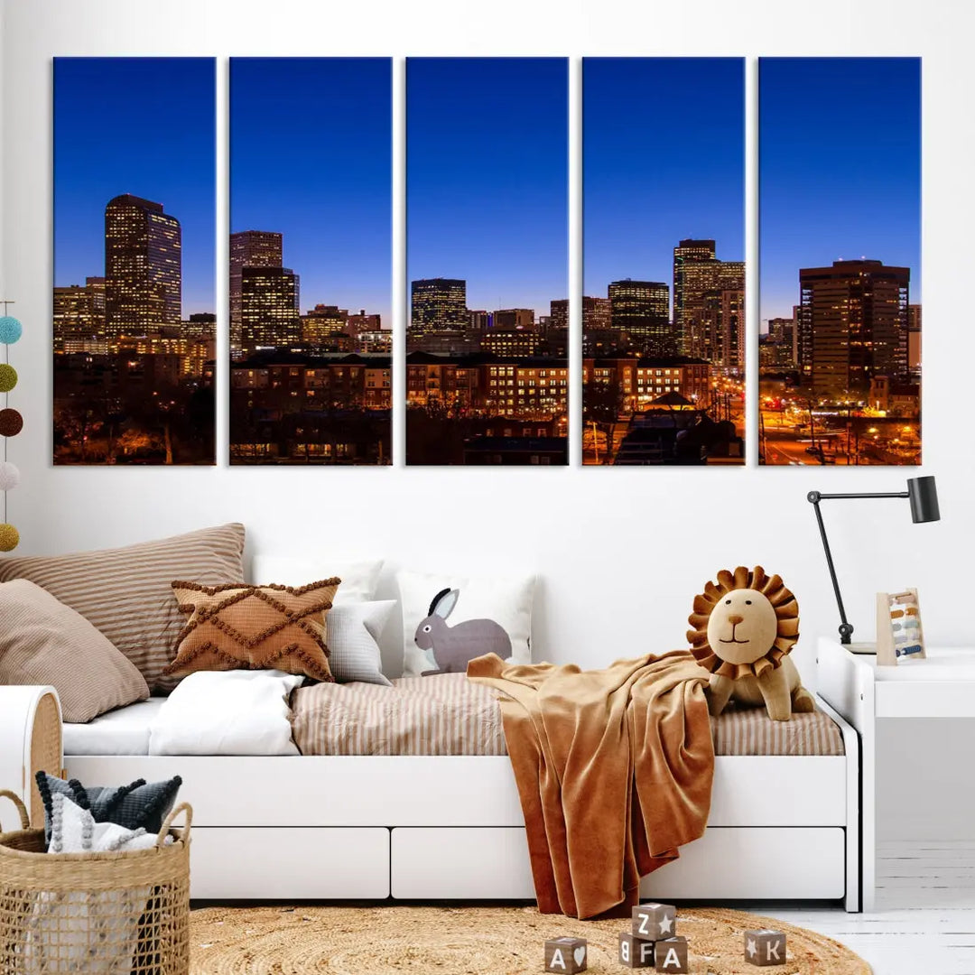 The "Denver City Night Blue Skyline Cityscape View" wall art is printed on museum-quality canvas with a UV-protective coating for lasting vibrancy.