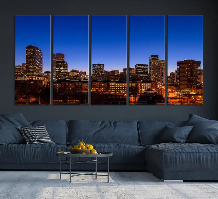 The "Denver City Night Blue Skyline Cityscape View" wall art is printed on museum-quality canvas with a UV-protective coating for lasting vibrancy.