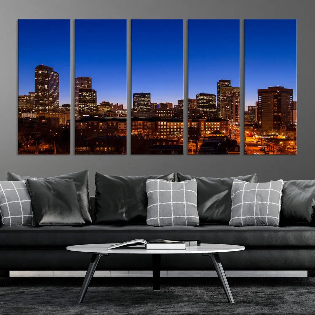 The "Denver City Night Blue Skyline Cityscape View" wall art is printed on museum-quality canvas with a UV-protective coating for lasting vibrancy.