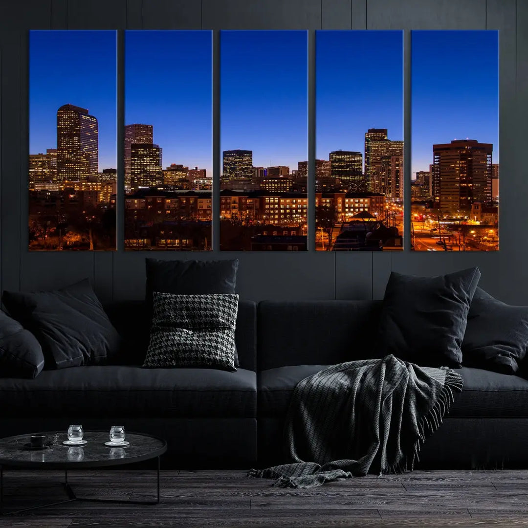 The "Denver City Night Blue Skyline Cityscape View" wall art is printed on museum-quality canvas with a UV-protective coating for lasting vibrancy.