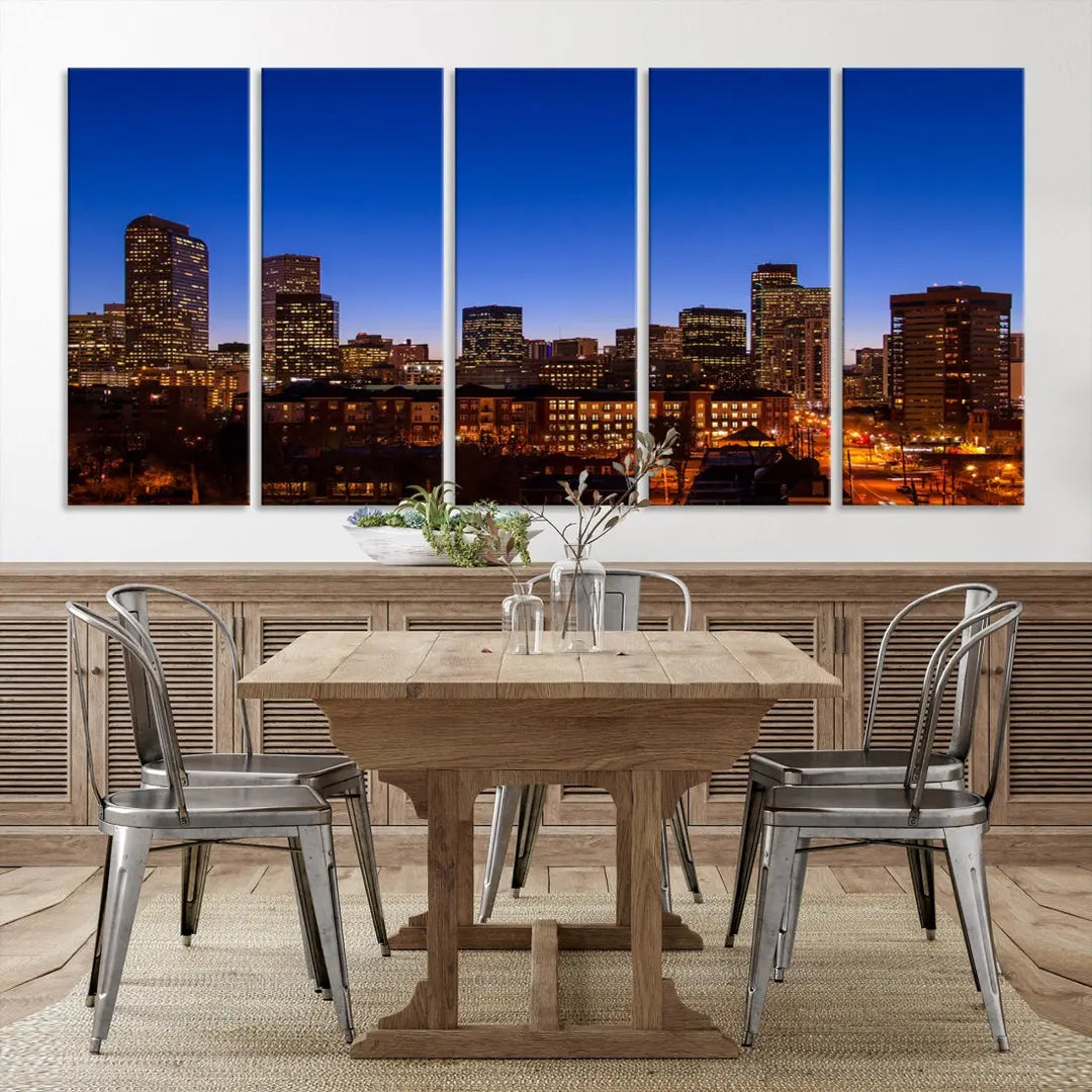 The "Denver City Night Blue Skyline Cityscape View" wall art is printed on museum-quality canvas with a UV-protective coating for lasting vibrancy.