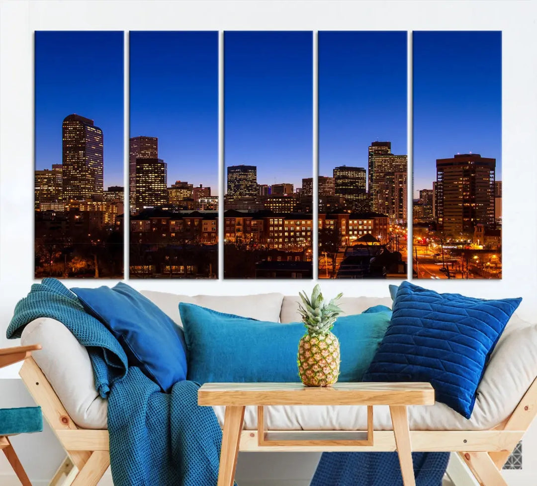 The "Denver City Night Blue Skyline Cityscape View" wall art is printed on museum-quality canvas with a UV-protective coating for lasting vibrancy.