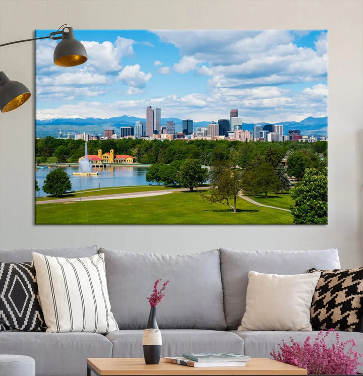 The dining room features a Denver City Park at Spring Cloudy Skyline Cityscape View Wall Art Canvas Print, depicting an urban park and skyline beneath a blue, cloudy sky. This gallery-wrapped piece is crafted on museum-quality polycotton and includes a UV-protective coating for lasting durability.