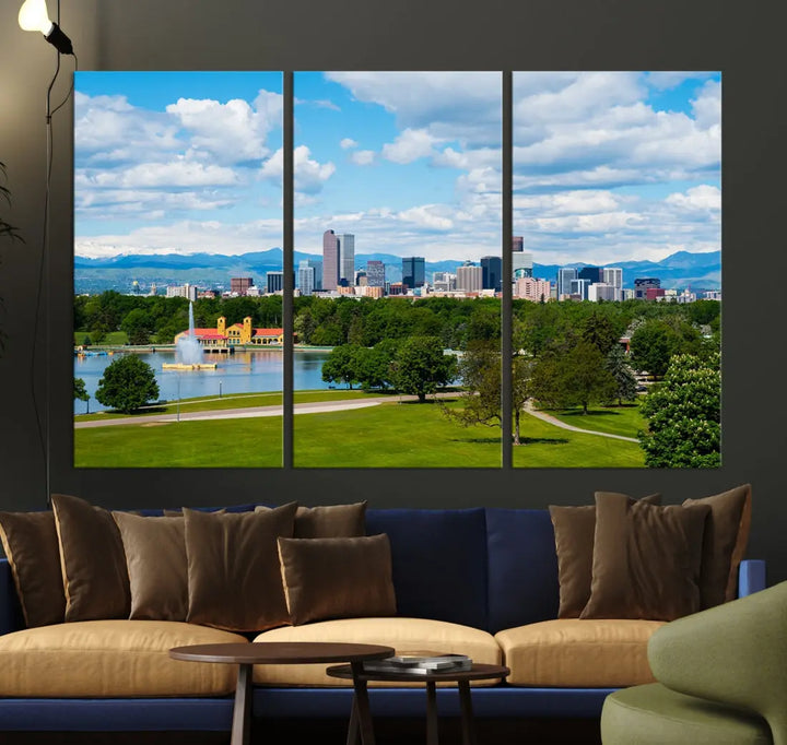 The dining room features a Denver City Park at Spring Cloudy Skyline Cityscape View Wall Art Canvas Print, depicting an urban park and skyline beneath a blue, cloudy sky. This gallery-wrapped piece is crafted on museum-quality polycotton and includes a UV-protective coating for lasting durability.