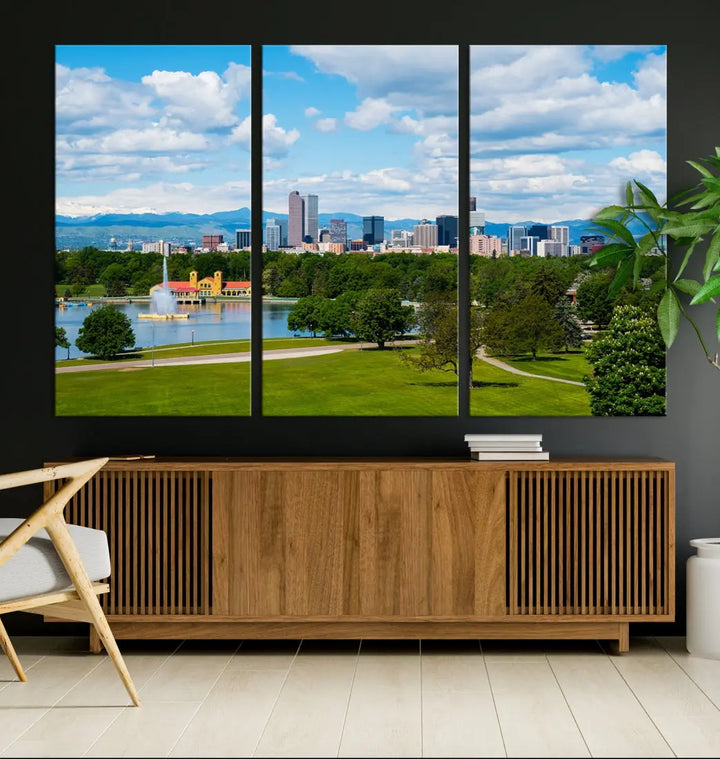 The dining room features a Denver City Park at Spring Cloudy Skyline Cityscape View Wall Art Canvas Print, depicting an urban park and skyline beneath a blue, cloudy sky. This gallery-wrapped piece is crafted on museum-quality polycotton and includes a UV-protective coating for lasting durability.