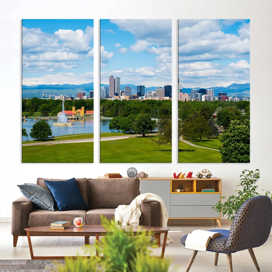 The dining room features a Denver City Park at Spring Cloudy Skyline Cityscape View Wall Art Canvas Print, depicting an urban park and skyline beneath a blue, cloudy sky. This gallery-wrapped piece is crafted on museum-quality polycotton and includes a UV-protective coating for lasting durability.