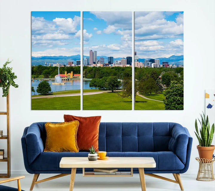 The dining room features a Denver City Park at Spring Cloudy Skyline Cityscape View Wall Art Canvas Print, depicting an urban park and skyline beneath a blue, cloudy sky. This gallery-wrapped piece is crafted on museum-quality polycotton and includes a UV-protective coating for lasting durability.