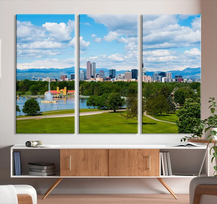 The dining room features a Denver City Park at Spring Cloudy Skyline Cityscape View Wall Art Canvas Print, depicting an urban park and skyline beneath a blue, cloudy sky. This gallery-wrapped piece is crafted on museum-quality polycotton and includes a UV-protective coating for lasting durability.