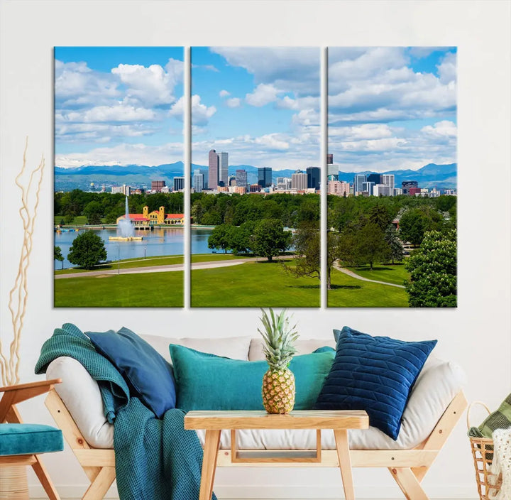 The dining room features a Denver City Park at Spring Cloudy Skyline Cityscape View Wall Art Canvas Print, depicting an urban park and skyline beneath a blue, cloudy sky. This gallery-wrapped piece is crafted on museum-quality polycotton and includes a UV-protective coating for lasting durability.