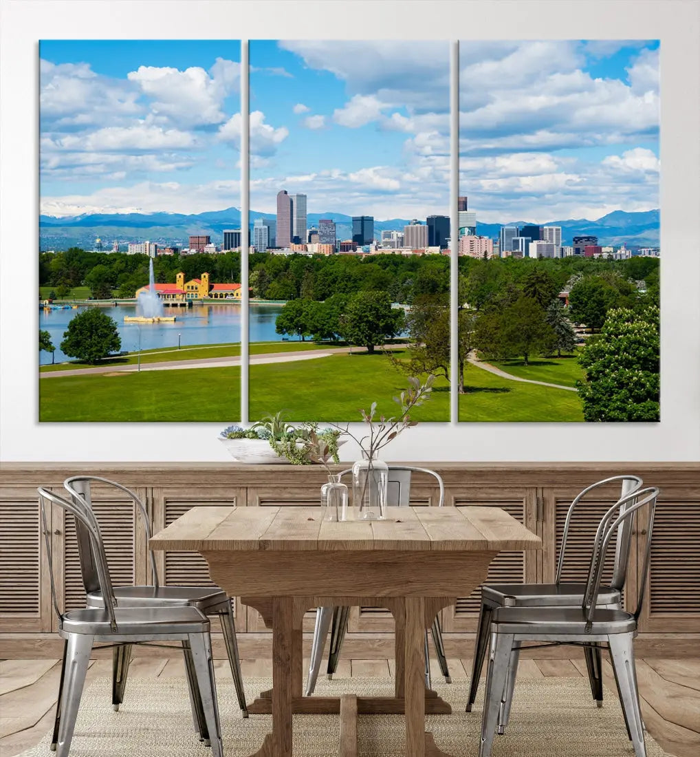 The dining room features a Denver City Park at Spring Cloudy Skyline Cityscape View Wall Art Canvas Print, depicting an urban park and skyline beneath a blue, cloudy sky. This gallery-wrapped piece is crafted on museum-quality polycotton and includes a UV-protective coating for lasting durability.