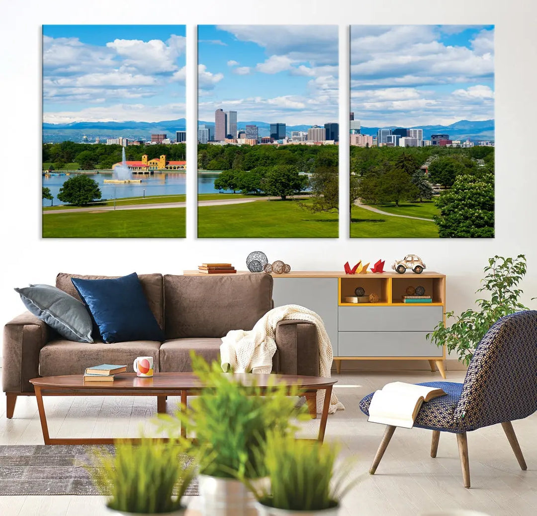 The dining room features a Denver City Park at Spring Cloudy Skyline Cityscape View Wall Art Canvas Print, depicting an urban park and skyline beneath a blue, cloudy sky. This gallery-wrapped piece is crafted on museum-quality polycotton and includes a UV-protective coating for lasting durability.