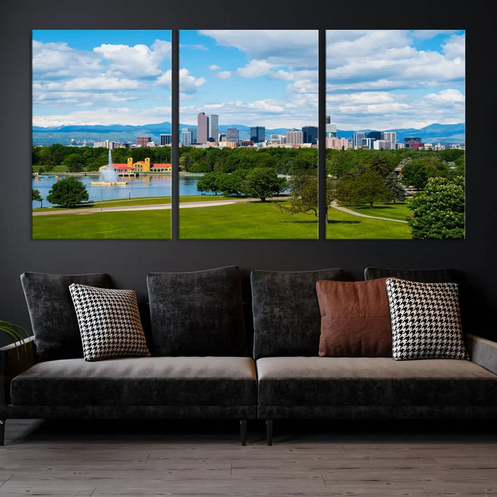 The dining room features a Denver City Park at Spring Cloudy Skyline Cityscape View Wall Art Canvas Print, depicting an urban park and skyline beneath a blue, cloudy sky. This gallery-wrapped piece is crafted on museum-quality polycotton and includes a UV-protective coating for lasting durability.